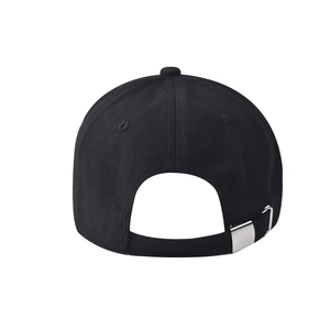 Rear view of black cotton baseball cap showing silver metal buckle adjustment