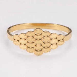 Golden irregular honeycomb stainless steel hinge bracelet with layered leaf design