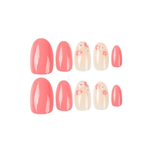 Pink and white floral press-on nails set with almond shape and glossy finish