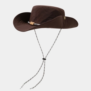 Detailed view of brown waterproof sun hat with adjustable windproof cord and wide brim