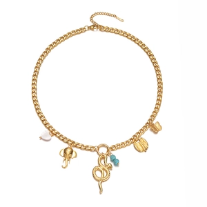 18K gold stainless steel multi-pendant necklace with snake, elephant, and turquoise