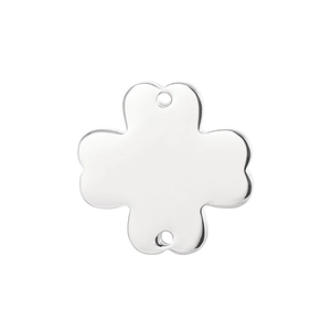 Macro detail of silver stainless steel four-leaf clover pendant with double holes