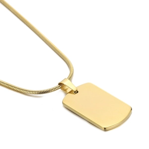 Polished gold rectangular stainless steel tag pendant with a matching snake chain
