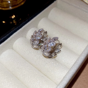 Gros plan détaillé de boucles d'oreilles feuilles en argent avec zircon brillant en coffret