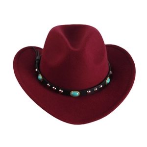 Classic wine red wool cowboy hat with turquoise and silver rivet studded leather band
