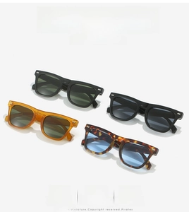Classic square frame sunglasses in black, tortoise, and amber colors with rivet details
