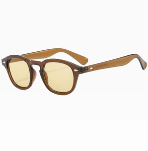 Detail of transparent brown round sunglasses with yellow lenses and temple measurements