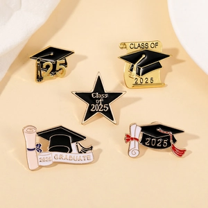 Five-piece set of 2025 graduation enamel pins featuring black and gold mortarboard designs