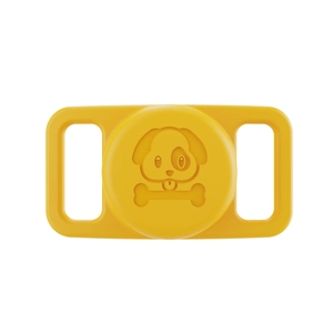 Detail of yellow silicone AirTag case with cartoon dog and bone motif for pet collars