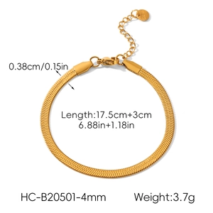 Detail showing 18k gold plated stainless steel snake chain bracelet with size measurements