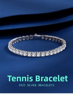 Detailed view of S925 silver tennis bracelet with brilliant cut stones on blue paper