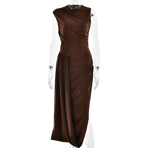 Elegant brown sleeveless maxi dress with stylish side slit and ruched detail on mannequin
