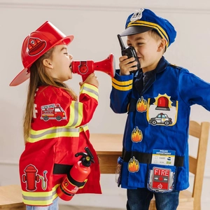 Kids firefighter and police officer role play costumes with helmets and accessories
