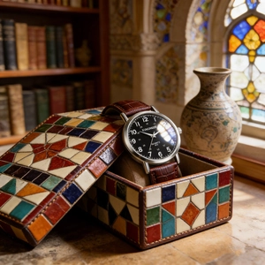 Elegant quartz watch with brown leather strap displayed in a luxury mosaic gift box