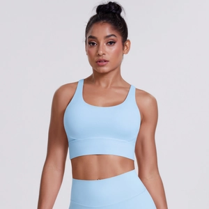 Close-up of seamless light blue yoga set featuring brushed high-stretch fabric and high waist