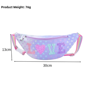Detail of purple glitter LOVE fanny pack with dimensions 30cm width and rainbow strap