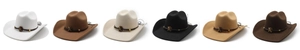 Six colors of wool felt western cowboy hats with ethnic braided bands and gold accents