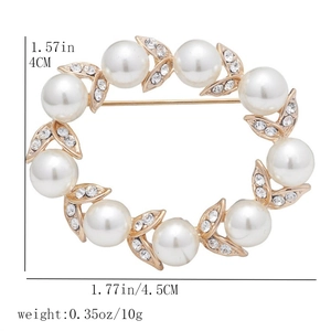 Detailed dimensions of pearl wreath brooch with gold leaves and crystal accents