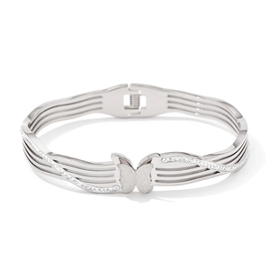 Frosted butterfly stainless steel bangle with geometric rhinestone layers on white background