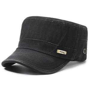 Vintage black washed denim flat top military cap with metal side badge for men