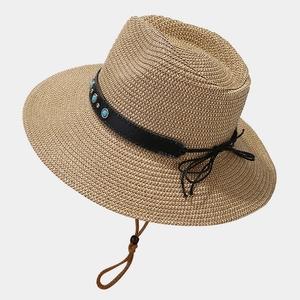 Bohemian wide-brim straw hat with turquoise beads and black leather strap for summer beach
