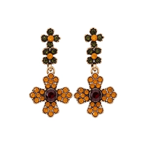 Vintage style drop earrings set with cross and floral motifs in antique bronze finish