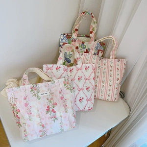 Sac À Main En Toile De Coton À Fleurs Douces Pour Femmes Filles Avec Fermeture Éclair Imprimé Noeud Floral Petit Cabas
