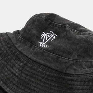 Washed cotton bucket hat with white coconut tree embroidery for outdoor hiking and sun protection