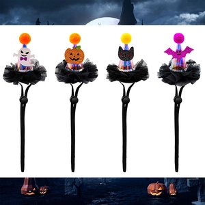 Detail of four Halloween pet hats featuring ghost, pumpkin, owl and bat themes