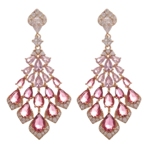 Luxury rose gold chandelier earrings with pink heart crystals and sparkling cubic zirconia