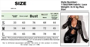 Detailed size chart for lace cardigan showing measurements of bust, waist and sleeve length