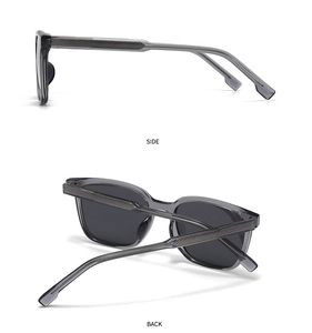 Detail view of transparent grey sunglasses with textured temples showing side and back angles