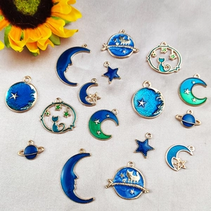 Star and moon cat enamel charms in blue and gold for DIY jewelry making sets