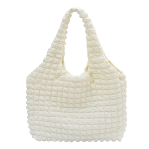 Cloud-like puff flower tote bag in creamy white canvas with unique 3D bubble texture