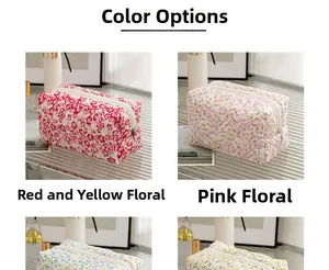 Detail shots of quilted floral makeup bags in red-yellow and pink floral patterns