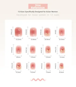 Size chart showing 12 precise dimensions in mm for pink bow press-on nails