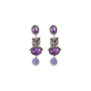 Vintage silver cat earrings with purple gemstones and dangling faceted beads