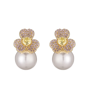 Elegant pearl flower stud earrings with gold plating and pink zirconia micro-pave