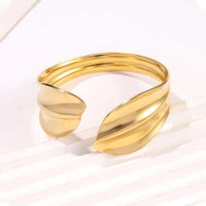 Polished 18k gold plated stainless steel open cuff bracelet with leaf design