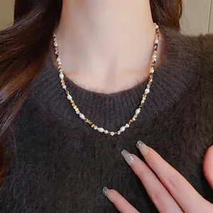 Vintage Beaded Necklace Freshwater Pearl Agate Stone Copper Beads Retro Clavicle Chain Jewelry For Women