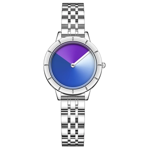 Minimalist silver steel watch with creative blue and purple geometric artistic dial
