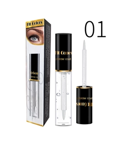Detail view of transparent eyebrow coat gel bottle with brush and packaging box
