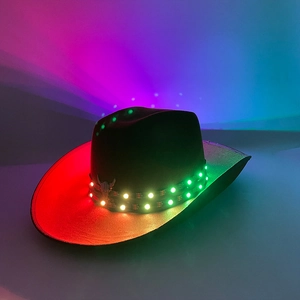 Detail of western cowboy hat with dual LED lighting strips and bull head ornament