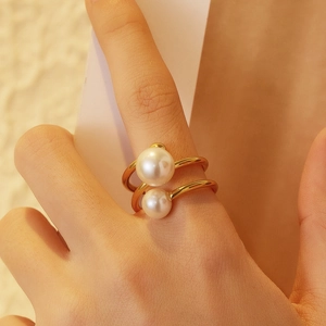 Elegant 18k gold plated double layer titanium steel ring with two pearls for women