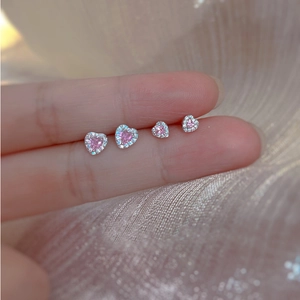 S999 silver heart stud earrings with pink crystal and white stones in four sizes