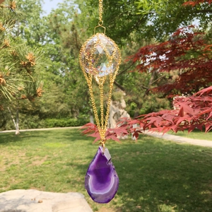 K9 crystal ball prism and purple agate slice garden suncatcher with gold metal mesh
