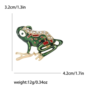 Green enamel frog brooch with gold plating, rhinestones, and size dimension markings