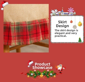 Detailed hem design of linen Christmas chair cover with festive red and green tartan pleats