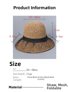 Detailed size chart for the women's straw sun hat with measurements and material info