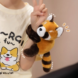 Cute red panda plush snap bracelet for kids made of soft fabric worn on the wrist